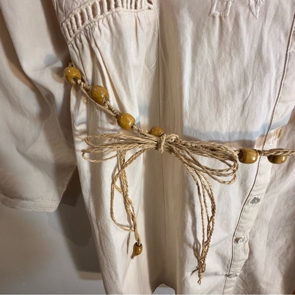 ZARA Sz L Collared Cream Shirt Dress Eyelet Lace Front Puff Sleeves Beaded Belt - Picture 8 of 14